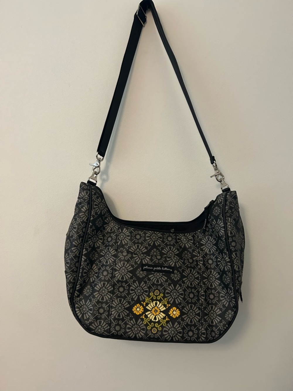 Petunia Pickle Bottom Black Patterned Shoulder Bag with Yellow Accent